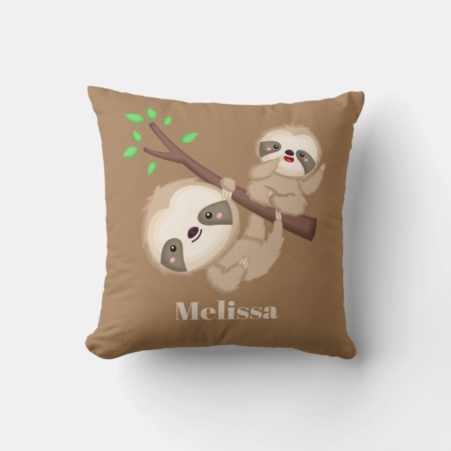 Playful sloths girls add name room decor cushion (Front)