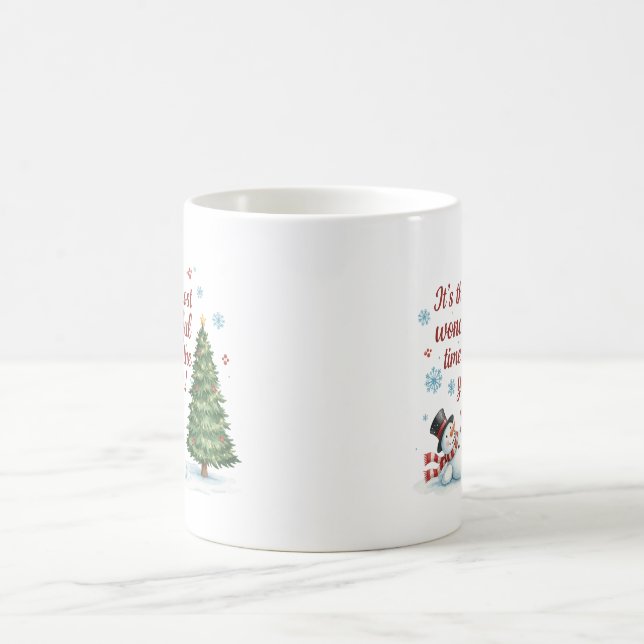 Playful Snowman and Pine Tree Merry Christmas  Coffee Mug (Center)