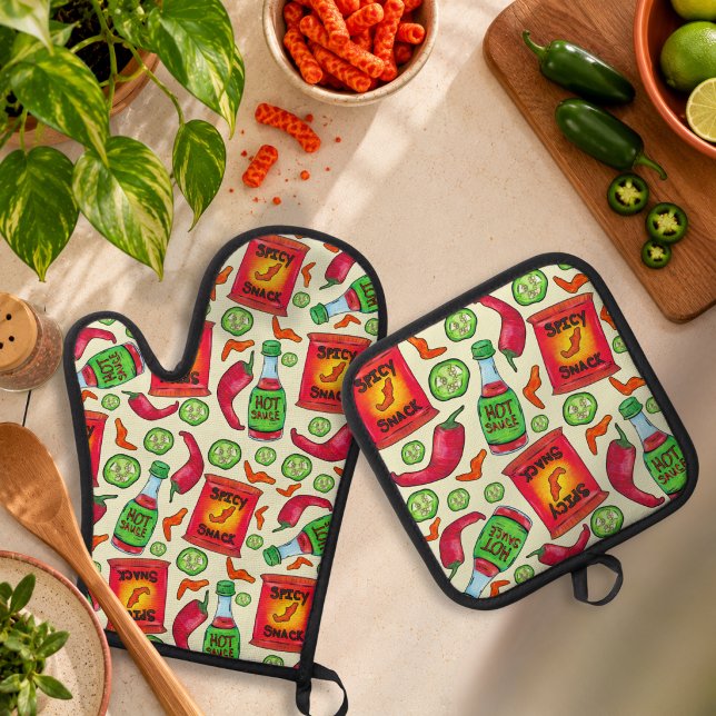 Playful Spicy Food Pattern Oven Mitt & Pot Holder Set (Creator Uploaded)