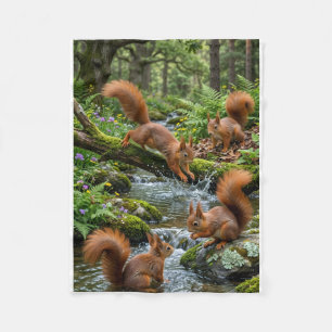 Playful Squirrels Forest River Woodland Nature Fle Fleece Blanket