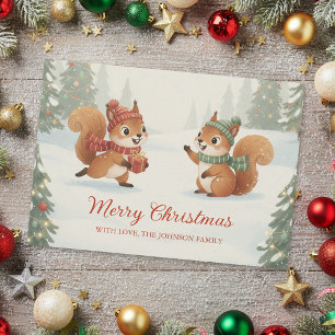 Playful Squirrels in Christmas Winter Forest Holiday Card