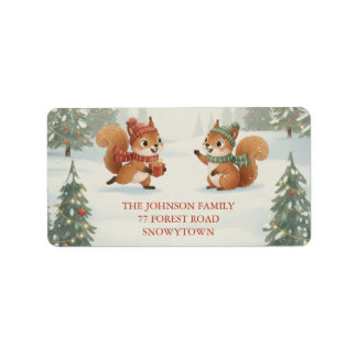 Playful Squirrels in Christmas Winter Forest Label