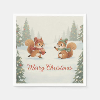 Playful Squirrels in Christmas Winter Forest Napkin