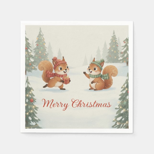 Playful Squirrels in Christmas Winter Forest Napkin (Front)