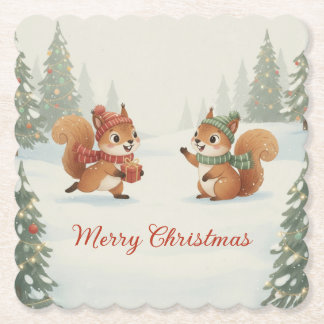 Playful Squirrels in Christmas Winter Forest Paper Coaster