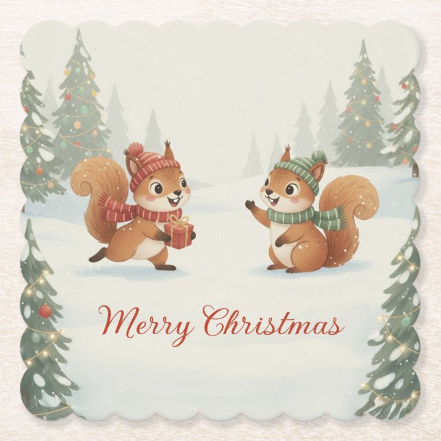 Playful Squirrels in Christmas Winter Forest Paper Coaster (Front)