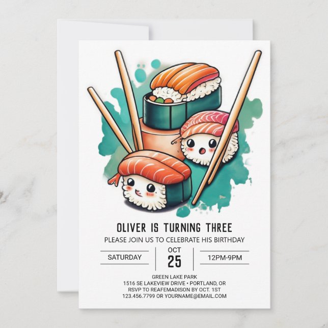 Playful Sushi Rolls Birthday Invitation (Front)