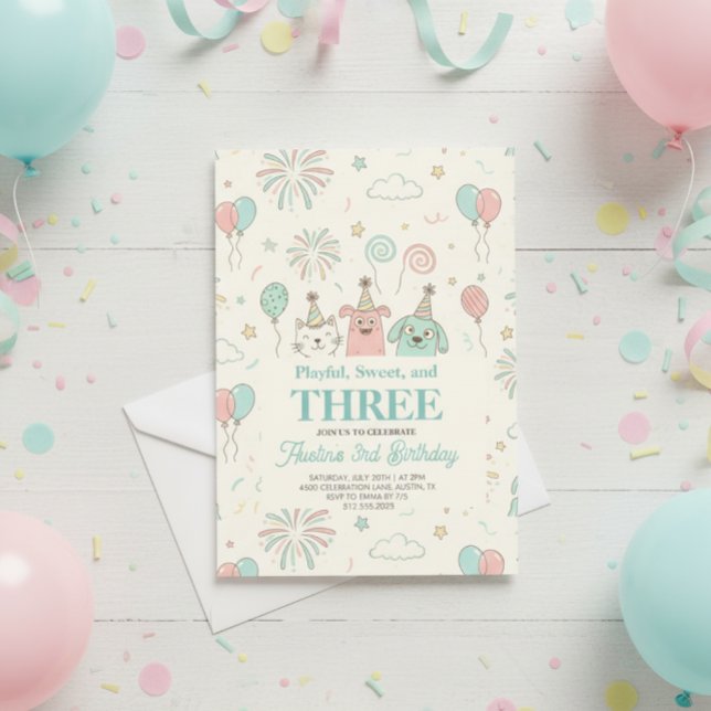 Playful Sweet and Three Kids Birthday Invitation (Creator Uploaded)