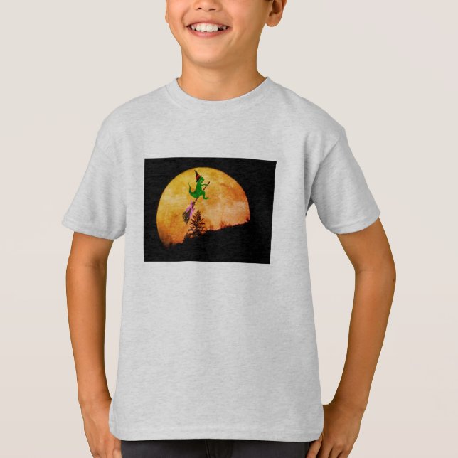 Playful T-Rex Witch Halloween Tee | Funny Kids (Front)