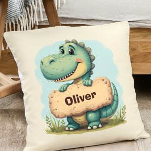 Playful T-Rex with Stone Name Sign Cushion