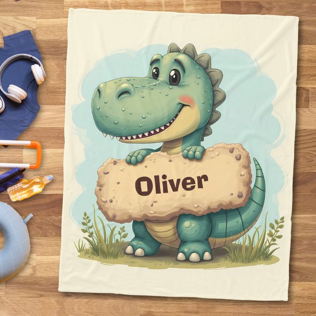  Playful T-Rex with Stone Name Sign Fleece Blanket (Creator Uploaded)
