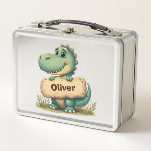  Playful T-Rex with Stone Name Sign Metal Lunch Box