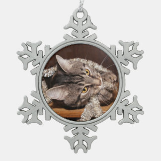Playful tabby cat Christmas Snowflake Pewter Christmas Ornament