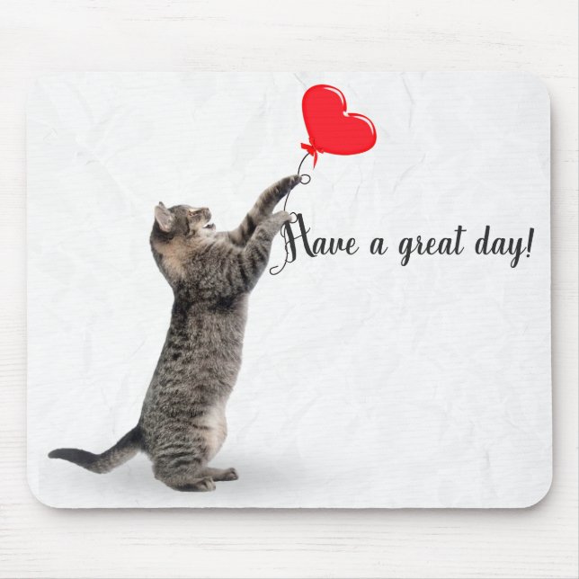 playful tabby cat with heart balloon mouse mat (Front)