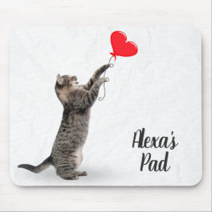 playful tabby cat with heart balloon mouse mat