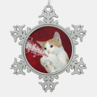 Playful tabby Christmas kitty Snowflake Pewter Christmas Ornament