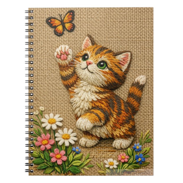 Playful Tabby Kitten with Butterfly Embroidered Notebook (Front)