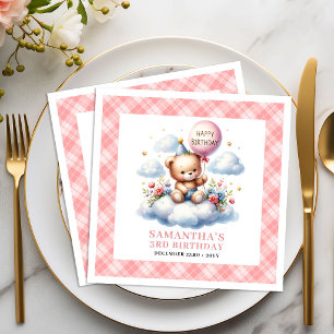 Playful teddy bear balloon floral girl birthday napkin