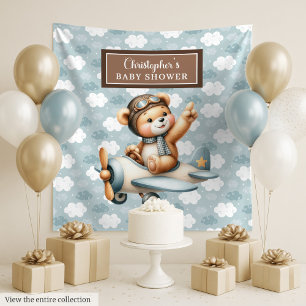 Playful teddy bear pilot baby shower photo prop tapestry