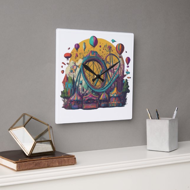 Playful Theme Park Square Wall Clock (Office)