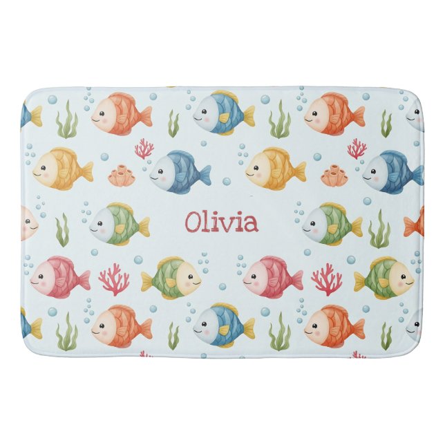 Playful Tropical Fish Pattern Personalised Bath Mat (Front)