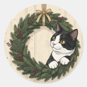 Playful Tuxedo Cat Playing with Gold Ribbon in Eve Classic Round Sticker