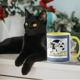 Playful Tuxedo Cat Toilet Paper Chaos Blue Yellow Mug