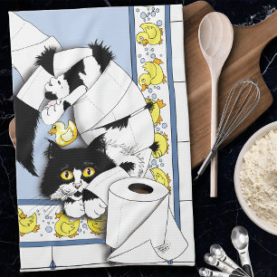 Playful Tuxedo Cat Toilet Paper Chaos Blue Yellow Tea Towel