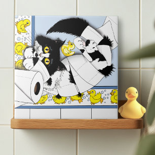 Playful Tuxedo Cat Toilet Paper Chaos Blue Yellow Tile