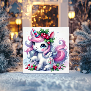Playful Unicorn with Holly and Candy Decor Holiday Card