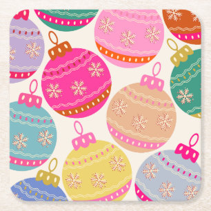 Playful Vintage Christmas Baubles Square Paper Coaster
