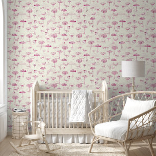 Playful Vintage Forest Pink Mushroom Pattern Wallpaper