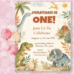 Playful Watercolor Dinosaur 1st Birthday Party Invitation