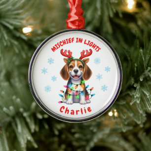 Playful Watercolor Festive Beagle Snowflakes Dog Metal Tree Decoration