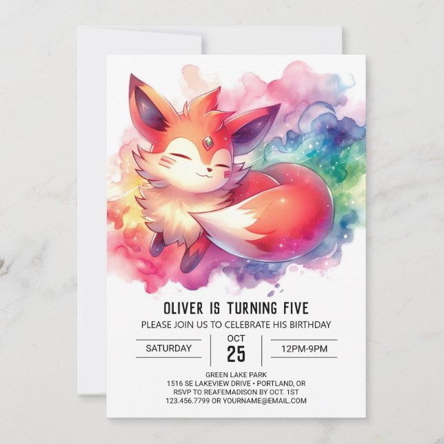 Playful Watercolor Fox Birthday Invitation (Front)