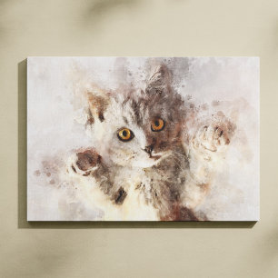 Playful Watercolor Kitten with Bright Amber Eyes Canvas Print