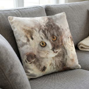 Playful Watercolor Kitten with Bright Amber Eyes Cushion