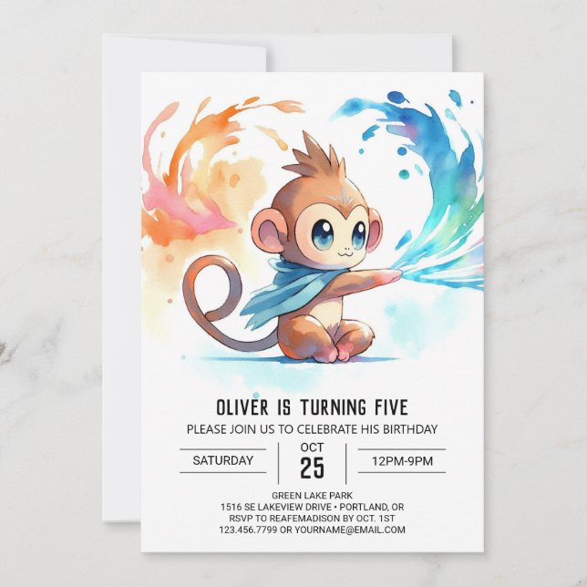 Playful Watercolor Monkey Birthday Invitation (Front)