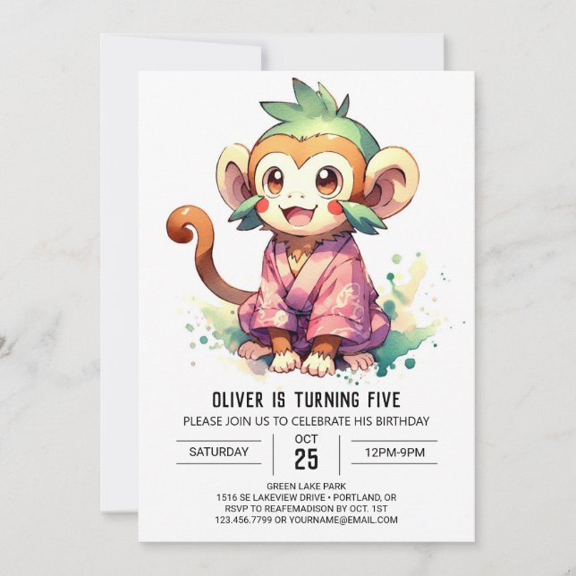 Playful Watercolor Monkey Birthday Invitation (Front)