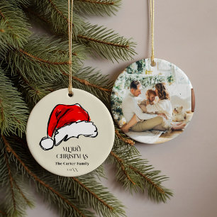 Playful Watercolor Red Santa Hat Family Photo Ceramic Tree Decoration