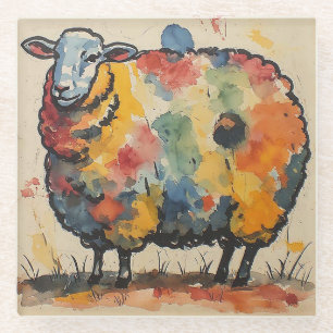 Playful Watercolor Sheep Painting Glass Coaster
