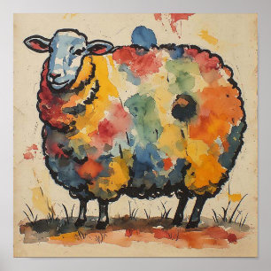 Playful Watercolor Sheep Painting Poster