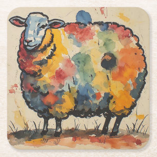 Playful Watercolor Sheep Painting Square Paper Coaster