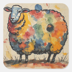 Playful Watercolor Sheep Painting Square Sticker