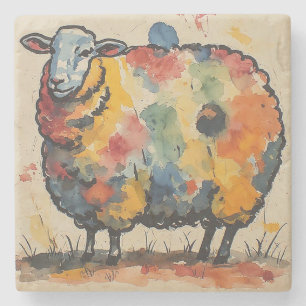 Playful Watercolor Sheep Painting Stone Coaster
