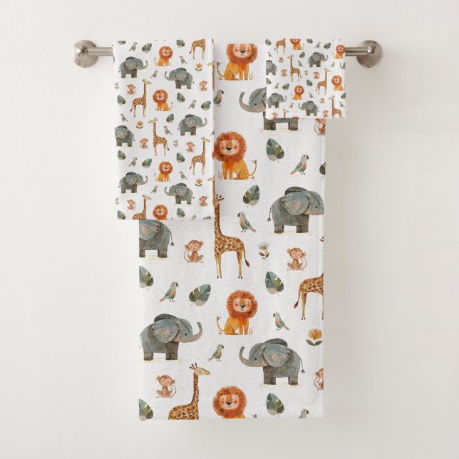 Playful Watercolour Safari Animals Bath Towel Set (Insitu)