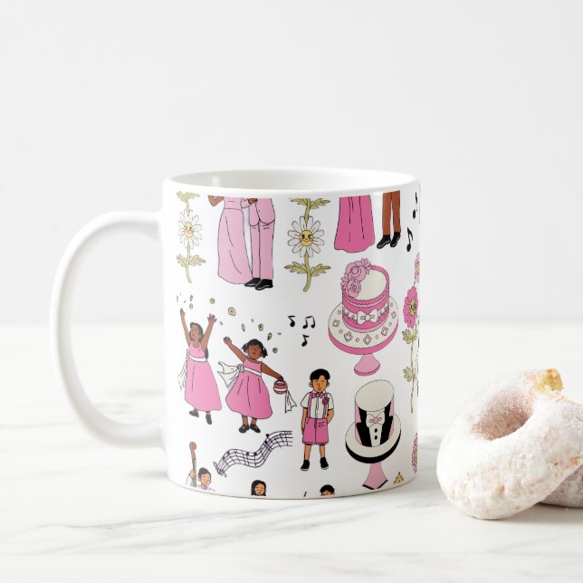 Playful Wedding Celebration Illustrative Pattern  Coffee Mug (With Donut)