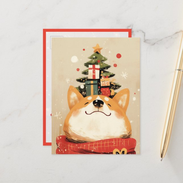 Playful Welsh Corgi with Christmas Decorations Postcard (Front/Back In Situ)