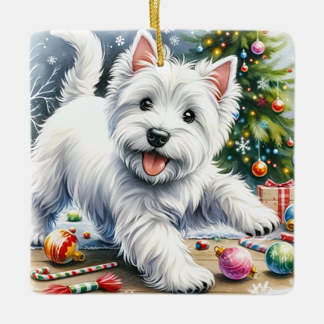 Playful Westie Christmas Ceramic Ornament (Front)