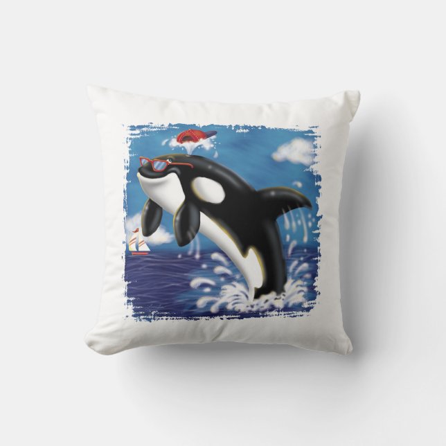 Playful Whale – Fun Ocean Art for Kids White Cushion (Front)